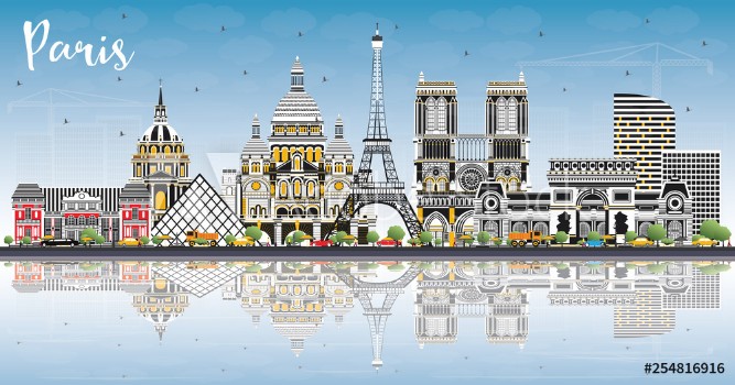 Bild på Paris France City Skyline with Color Buildings Blue Sky and Reflections